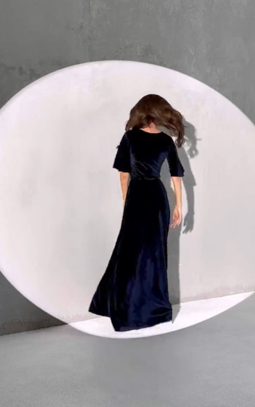 Vestido de dama de honor, vestido de terciopelo, vestido de noche, manga acampanada, vestido azul oscuro, vestido de dama de honor, largo hasta el suelo, vestido de fiesta